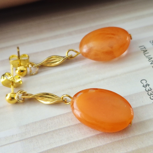 Jewelry - Vibrant Gold Tone Orange Amber Acrylic Bead Droplet Earrings Light Minimalist